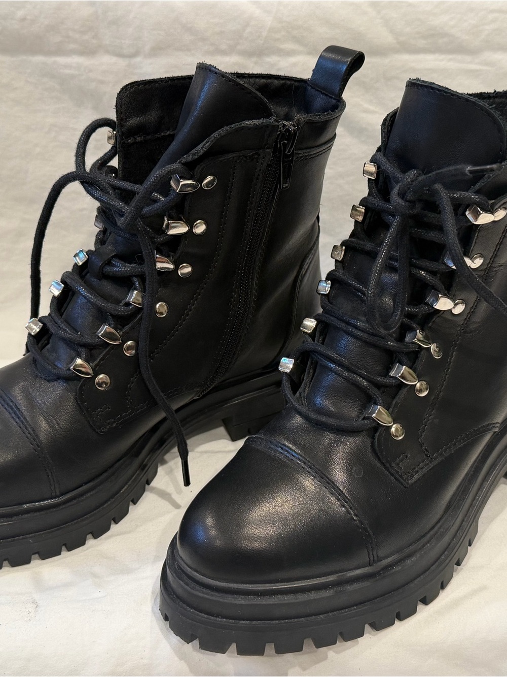 Women's Black Lace-Up Lug Combat Boots with Side Zipper